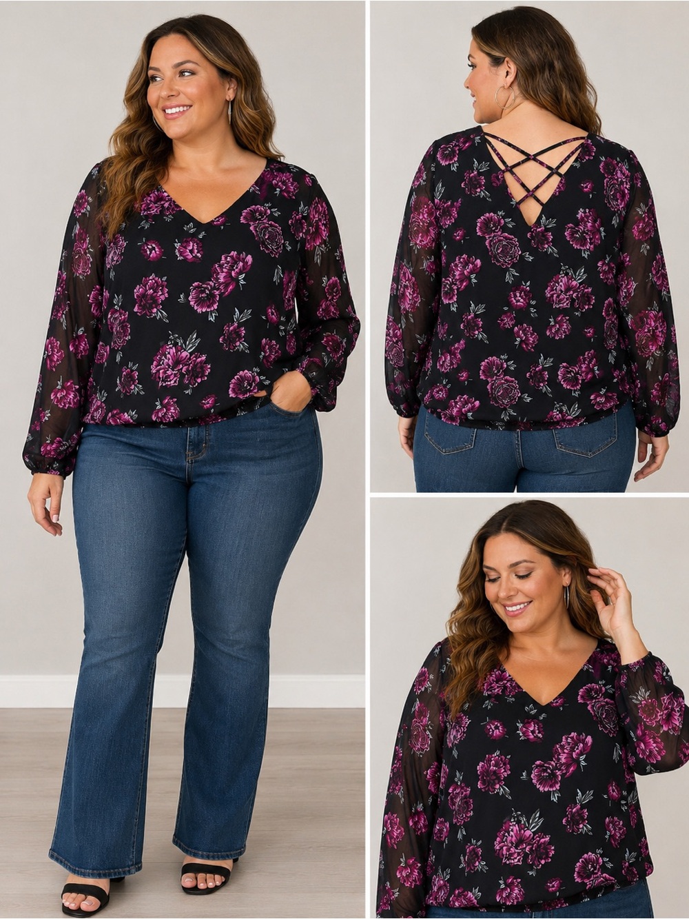 Torrid Size 1 Black Floral Sheer Blouse Purple Crisscross Back